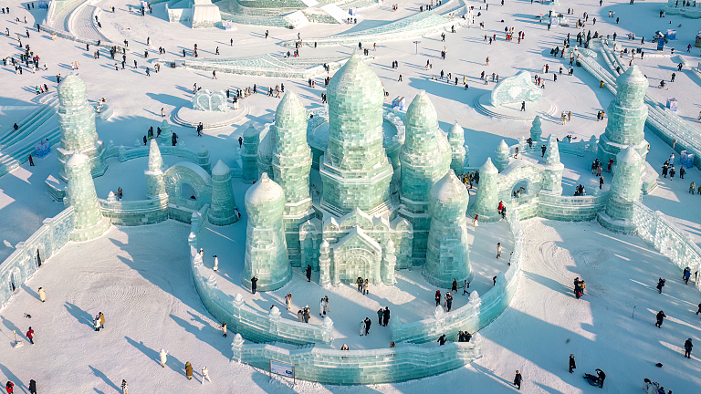 An aerial picture of a ice castle in the Harbin Ice Festival