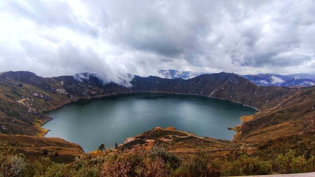 an aerial picture of Quilotoa crater lake in Ecuador