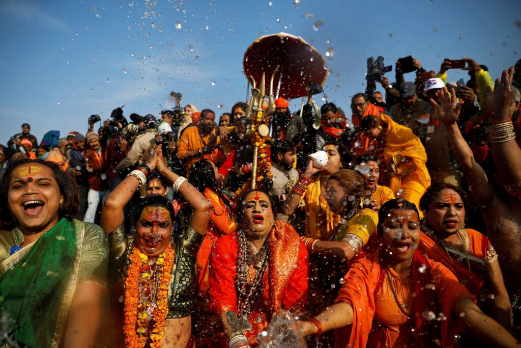 Group of women celebrating during the Kumbh mela festival