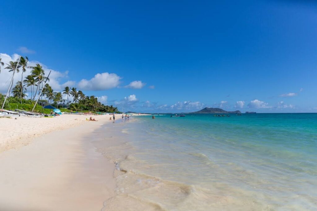 Picture of Lanikai Beach with people swimming in the afternoon 