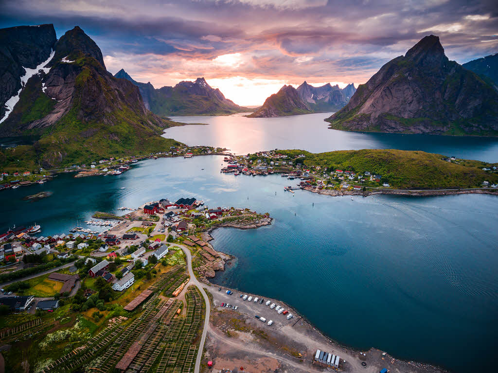 beautiful aerial view of Loffoten Islands during sunset. 