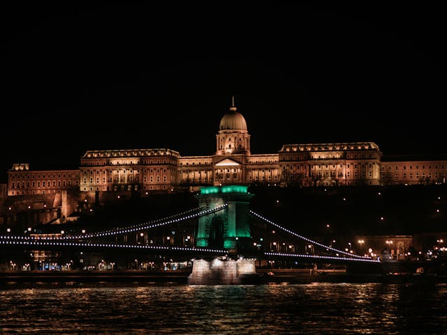 night time picture of the Freedom Bridge on the Danube River in Budapest