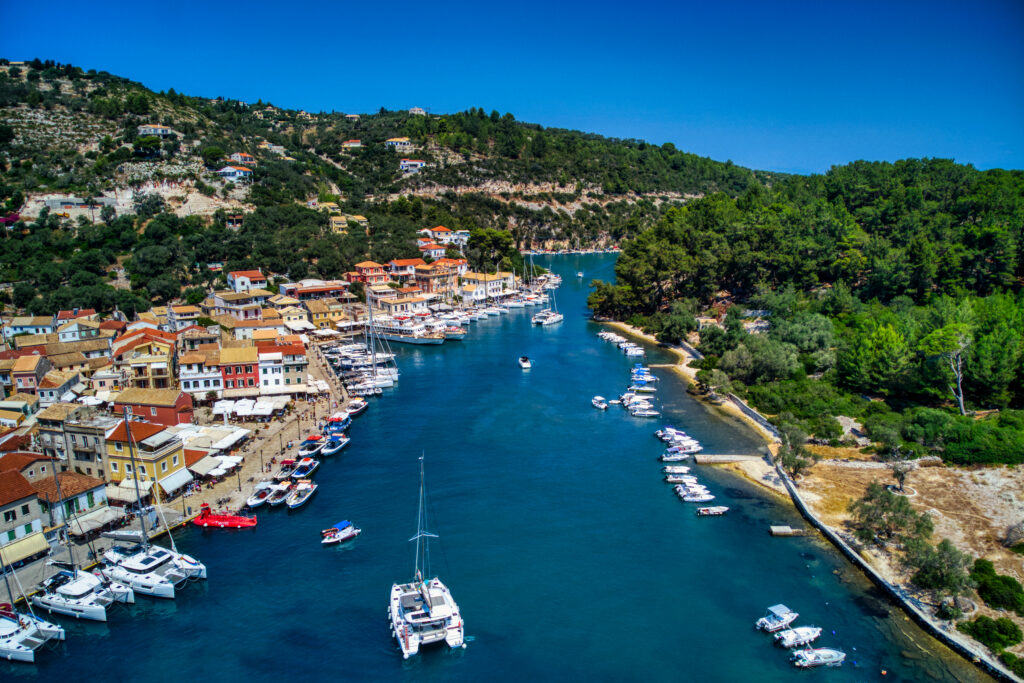 Areal picture of Paxos in Greece harbour with boats and yachts docked